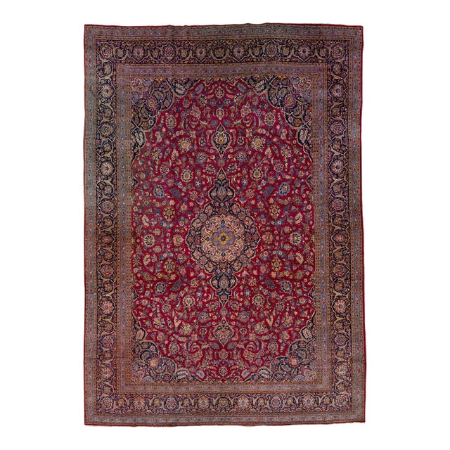 1920s Oversize Antique Persian Kashan Red Wool Rug With Medallion Motif For Sale