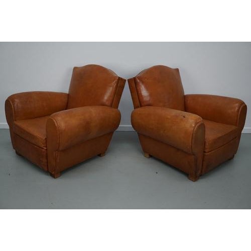 French Cognac Moustache Back Leather Club Chairs, 1950s, Set of 2 For Sale - Image 12 of 18