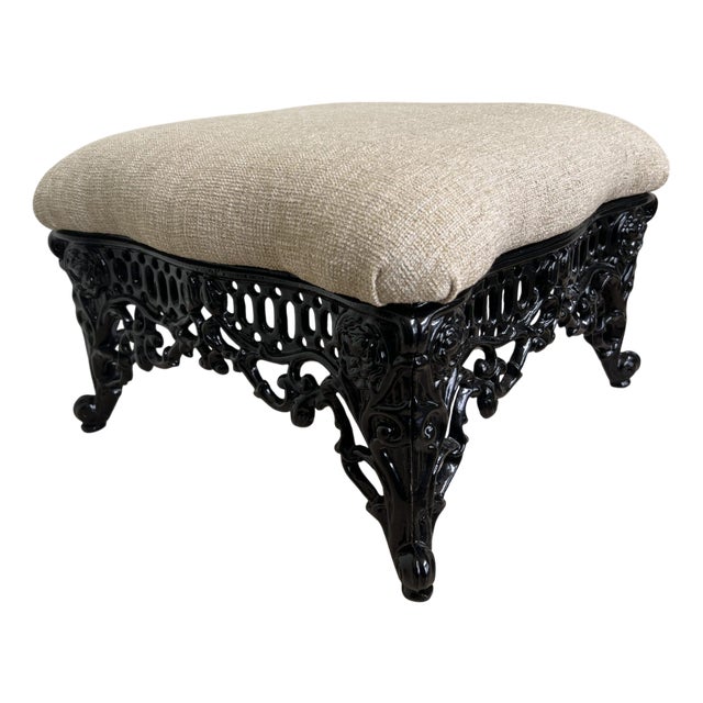 Victorian or Edwardian Pierced Filigree Upholstered Cast Iron Ottoman For Sale
