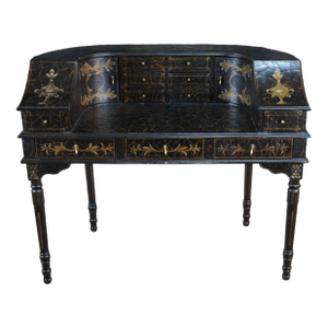 Vintage Black Lacquer Chinoiserie Carlton House Neoclassical Writing Desk