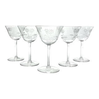 1910s Antique Fostoria “Lotus” 5 Etched Optic Cordial Wine Glasses For Sale