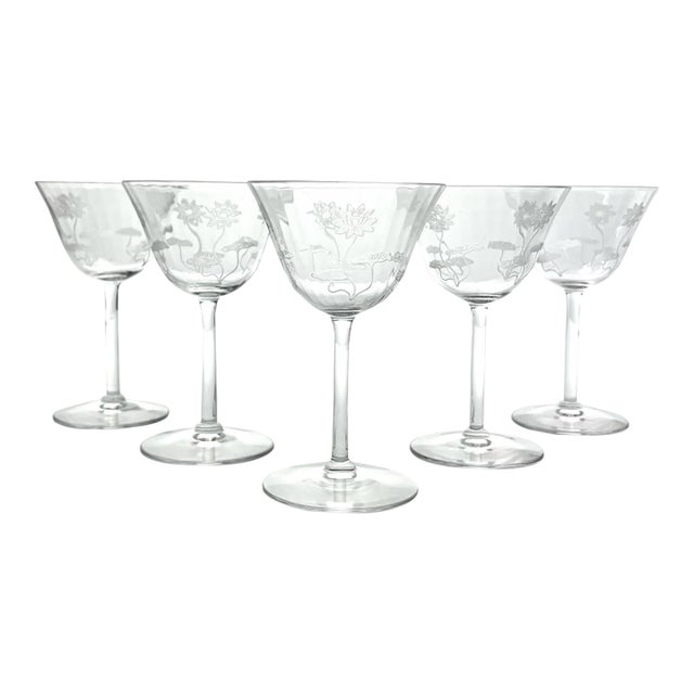 1910s Antique Fostoria “Lotus” 5 Etched Optic Cordial Wine Glasses For Sale