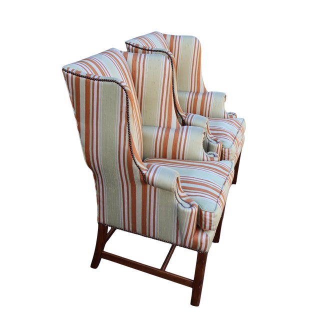 Vintage Baker Furniture Celadon & Rust Striped Wingback Chairs With Nailhead Trim — Pair For Sale - Image 12 of 18