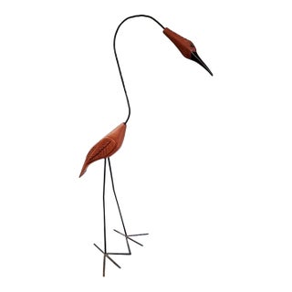 Tall Hand-Carved Wood & Iron Crane Sculpture, Modern Folk Art For Sale
