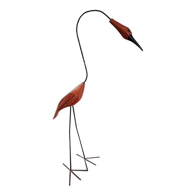Tall Hand-Carved Wood & Iron Crane Sculpture, Modern Folk Art For Sale
