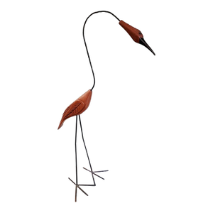 Tall Hand-Carved Wood & Iron Crane Sculpture, Modern Folk Art