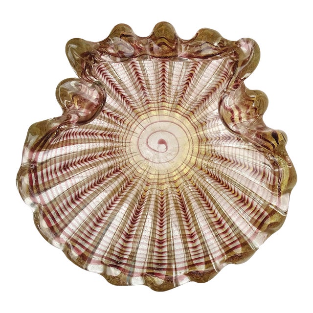 Murano Barovier Toso Vintage Purple Swirl Gold Flecks Italian Art Glass Decorative Ribbed Seashell Ashtray Bowl For Sale
