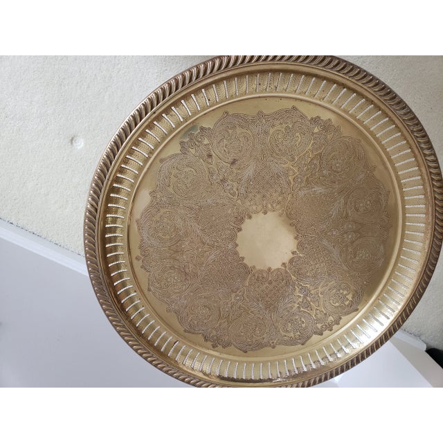 1970s Vintage Brass Pedestal Side Table With Florentine Engraving and