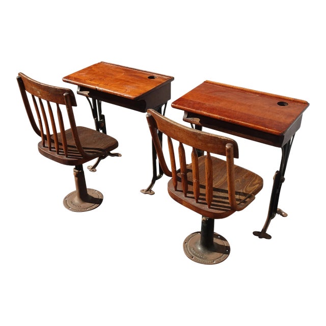Set of Two Antique Class Room Desks and Chairs ~ Iron Child Sized For Sale