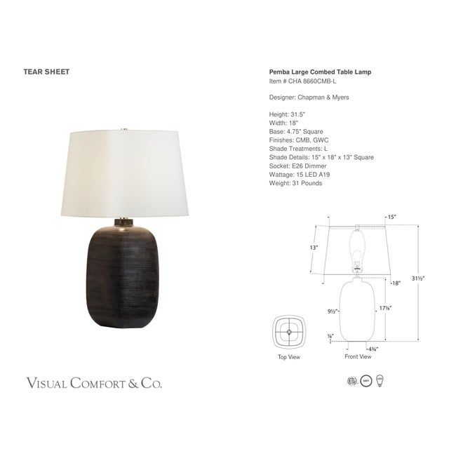 Chapman & Myers by Visual Comfort Signature Pemba Large Combed Table Lamp in Chimney Black with Linen Shade Designer:...