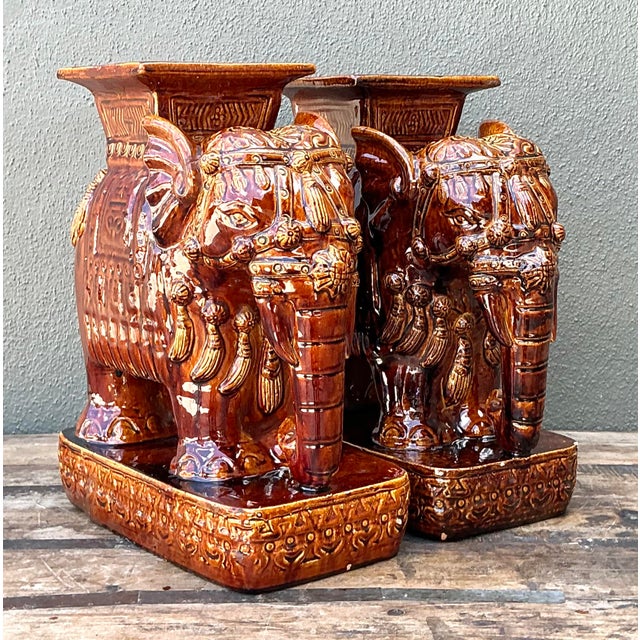 Vintage Glazed Ceramic Elephant Low Stools - A Pair For Sale - Image 9 of 12