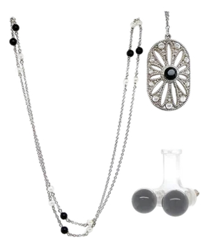 Tiffany & Co. Sterling Silver Pearl and Black Onyx Necklace and Earrings Set 12.92g