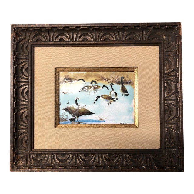 Original Vintage Painted Copper Enamel Painting Canadian Geese For Sale