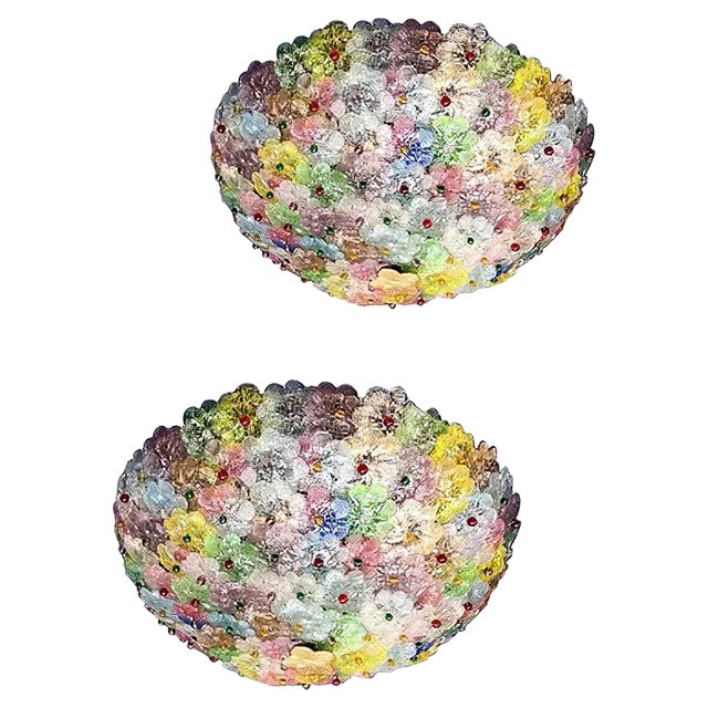 Multi-Color Murano Glass Flowers Basket Ceiling Light, Set of 2 For Sale
