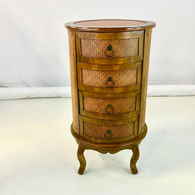 Ralph Lauren 1980s British Colonial Ralph Lauren Style Round Herringbone Cane & Wood Cabinet, 4 Drawers For Sale - Image 4 of 16