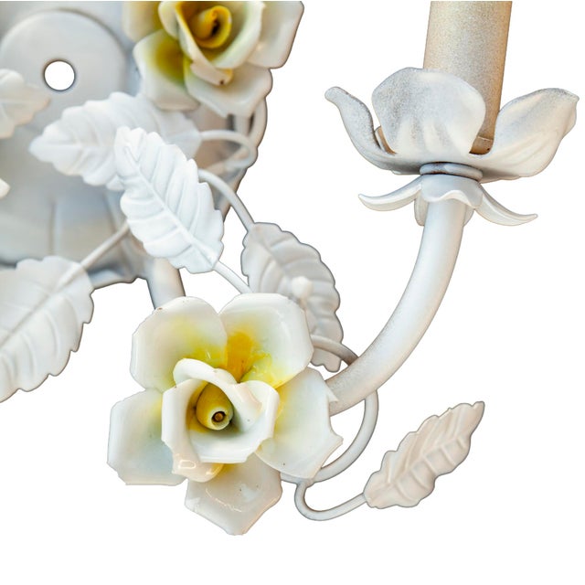 Mid 20th Century Electrified Wall Sconces With Ceramic Flowers & Metal Leaves; A Pair For Sale - Image 10 of 11