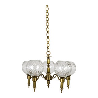 Swirled Glass Globes & Reeded Brass Chandelier For Sale