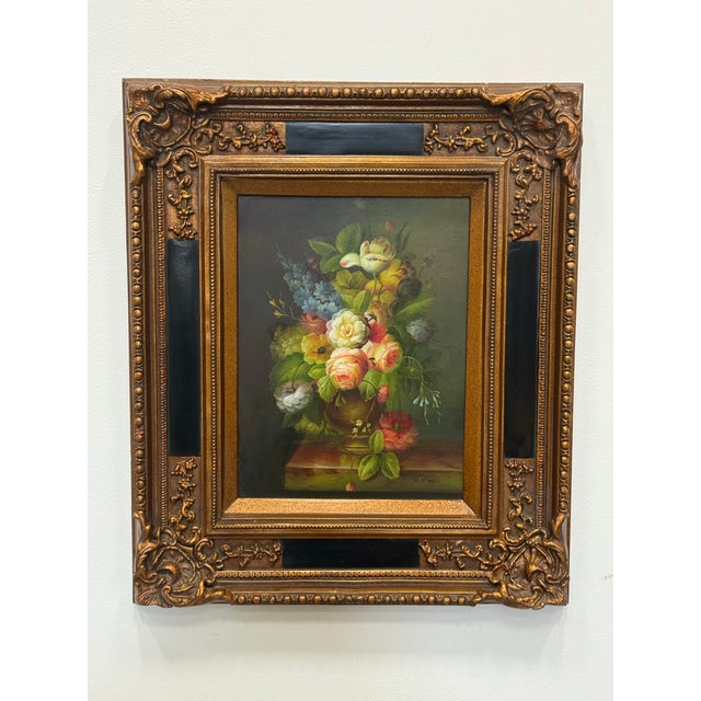 Black Vintage Oil on Board Floral Painting With Impressive Frame For Sale - Image 8 of 8