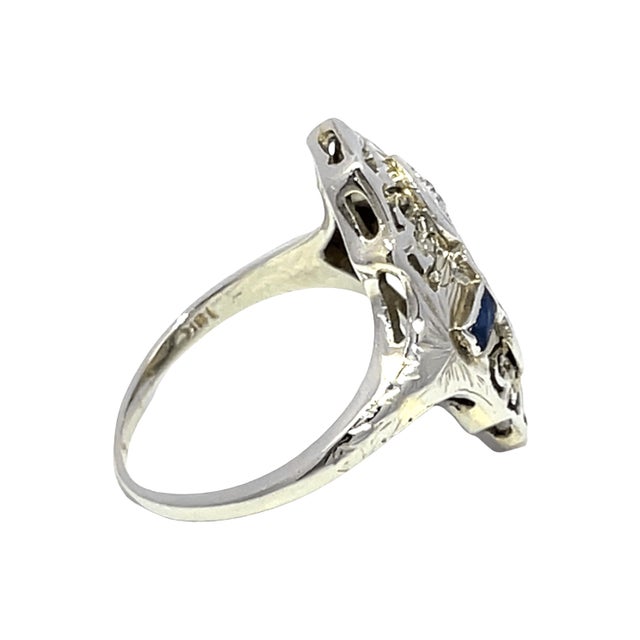 Metal Mid 20th Century Art Deco 18k White Gold Filigree Ring With Old Cut Diamonds & Blue Sapphires, Size 5.25 For Sale - Image 7 of 9