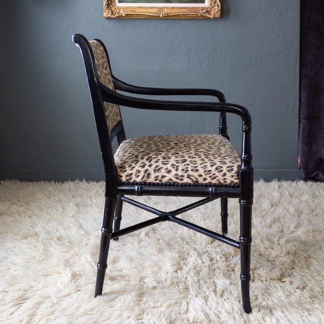 Leopard Upholstered Black Faux Bamboo Directoire Style Armchairs For Sale - Image 10 of 18