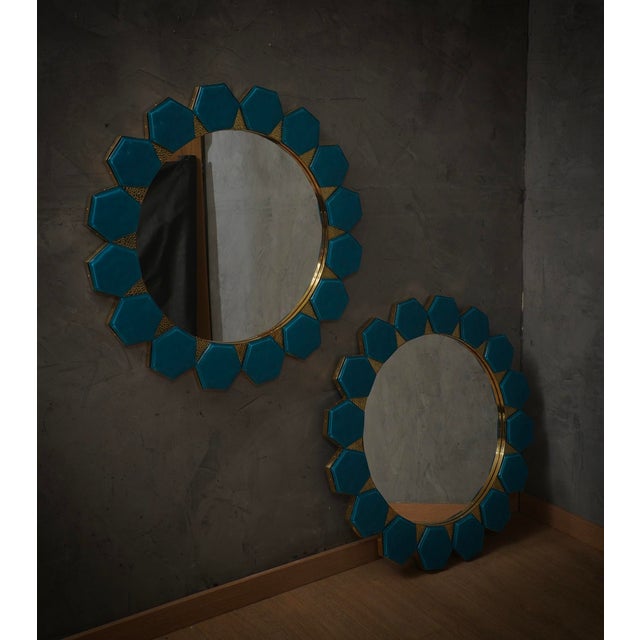 Mid-Century Modern Art Deco Wall Mirror in Murano Blue Glass and Brass, 2000 For Sale - Image 3 of 11
