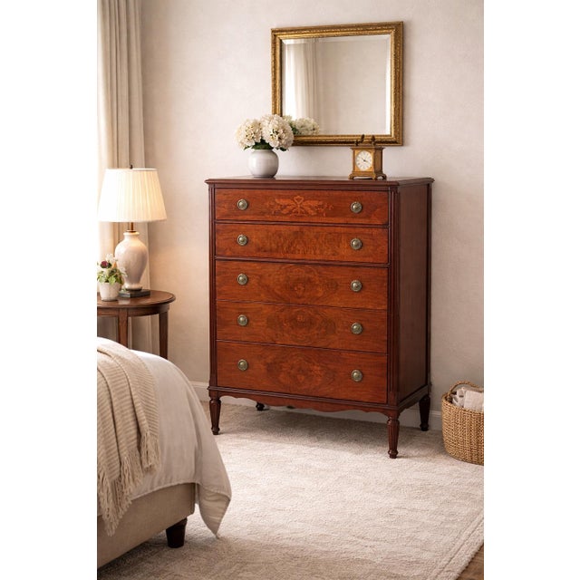 1900 - 1909 Antique Inlaid Mahogany Five-Drawer Chest, Circa 1900 — Federal Revival Companion Piece For Sale - Image 5 of 5