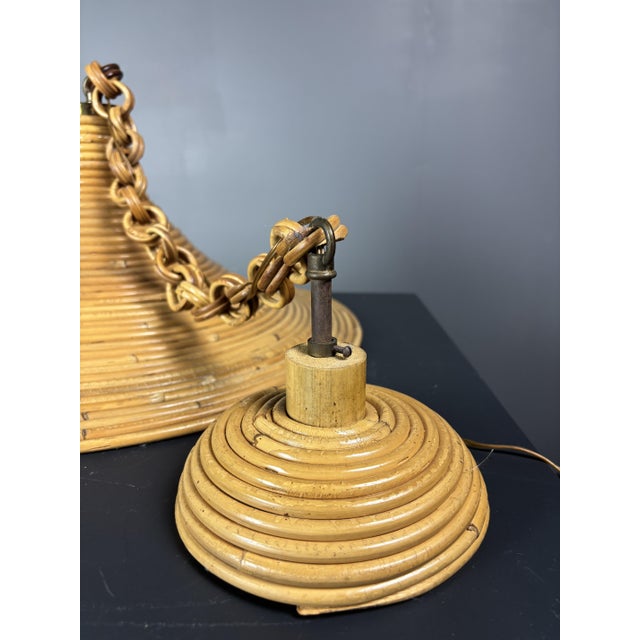 Wood Mid-Century Modern Italian Witch Hat Pencil Reed Rattan Bamboo and Brass Pendant Lamp, 1970s For Sale - Image 7 of 12