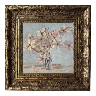 Vintage Impressionist Style Magnolia Still Life Painting in Distressed Gilt Frame, Signed For Sale
