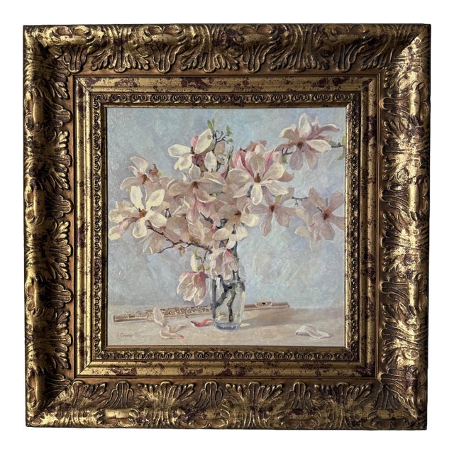 Vintage Impressionist Style Magnolia Still Life Painting in Distressed Gilt Frame, Signed For Sale