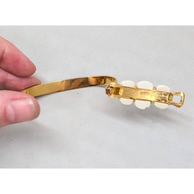 Vintage Signed Crown Trifari Goldtone Carved Faux-Ivory Cuff Bracelet For Sale - Image 12 of 12
