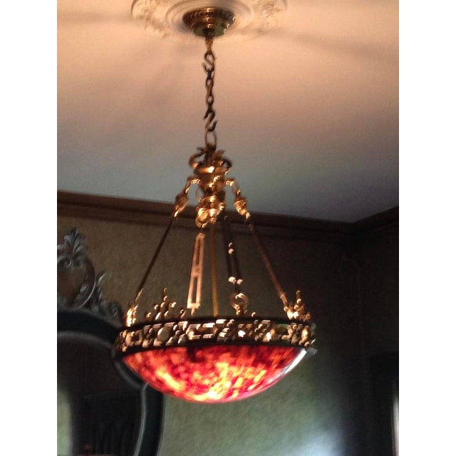 Maitland - Smith 1980s Authentic Maitland-Smith Ornate Brass and Iron Empire Style Chandelier With a Penshell Inlaid Bowl For Sale - Image 4 of 17
