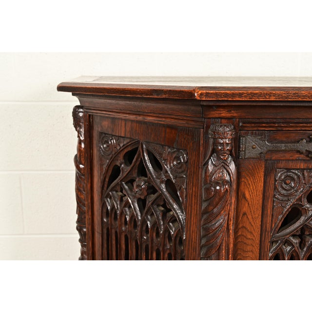 Antique French Gothic Revival Oak Bar Cabinet With Carved Figures, Circa 1890s For Sale - Image 9 of 15