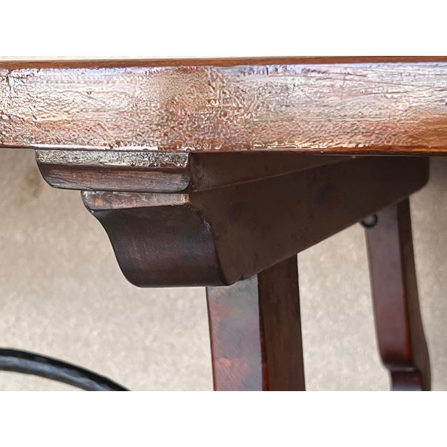 Brown 20th Century Spanish Baroque Carved Walnut Lyre Legs Trestle Dining Farm Table For Sale - Image 8 of 12