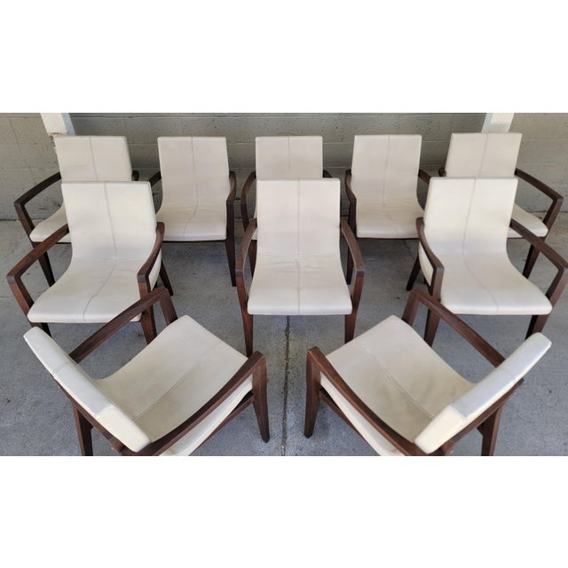 Modern Authentic Holly Hunt "Studio H" Leather Scoop Dining Arm Chairs Set 10 For Sale - Image 3 of 18
