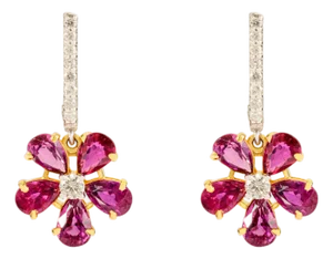 Floral Ruby Diamond Lever Back Drop Earrings in 18k Two Tone Gold- A Pair