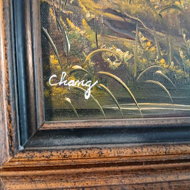 1970s Chinese Junks in a Cove, Evening - A Pair of Oils on Canvas by Chang For Sale - Image 4 of 5