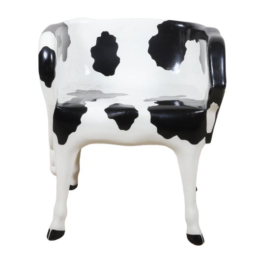 Vermont Sled Co, "Heifer Chair", painted and wood cow chair, Holstein paint scheme, right side facing arm with cow head,...