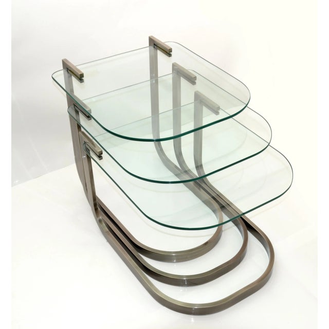 Metal Design Institute of America 'Dia' Three Vintage Glass & Steel Nesting Tables For Sale - Image 7 of 13