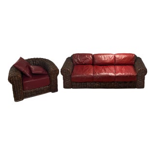 Late 20th Century Polo Ralph Lauren Set - Vintage Rattan & Dark Red Leather Sofa With Chair For Sale