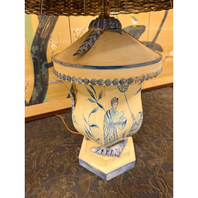 Yellow Vintage Chinoiserie Tole Table Lamp With Wicker Shade For Sale - Image 8 of 11