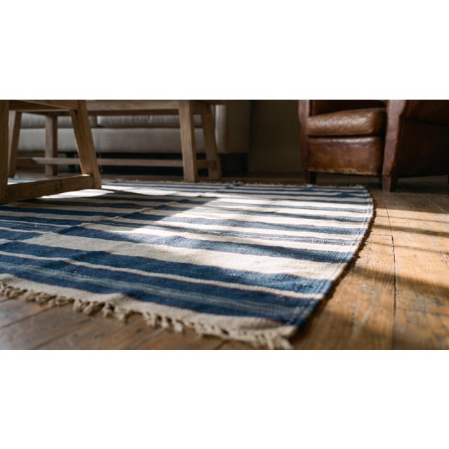 1920s Blue White Stripe Antique Agra Dhurrie Indian Rug 8'6" X 13'2" Flat Weave Cotton Carpet For Sale - Image 9 of 10
