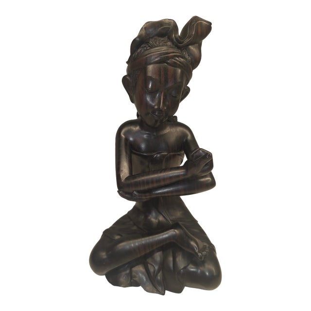 Signed Mid 20th Century Balinese Macassar Ebony Wood Seated Young Boy Sculpture by K. Aria (Mas, Bali) For Sale