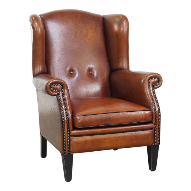 Large Vintage Sheepskin Wing Chair For Sale