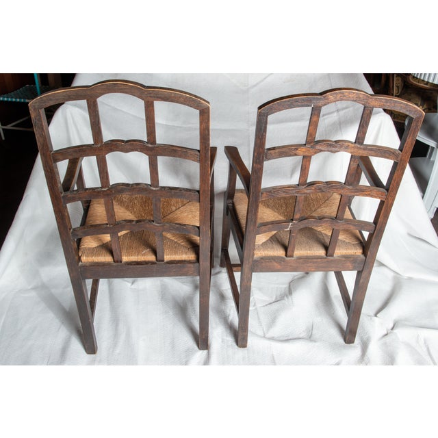 Pair Dutch Rush Seat Wood Arm Chairs For Sale - Image 4 of 12