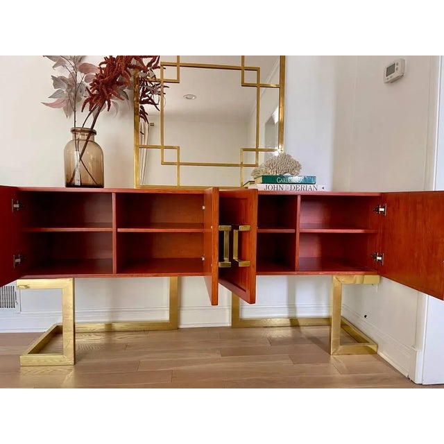 Wood Long Red Stained Cabinet With Sculptural Bold Base For Sale - Image 7 of 14