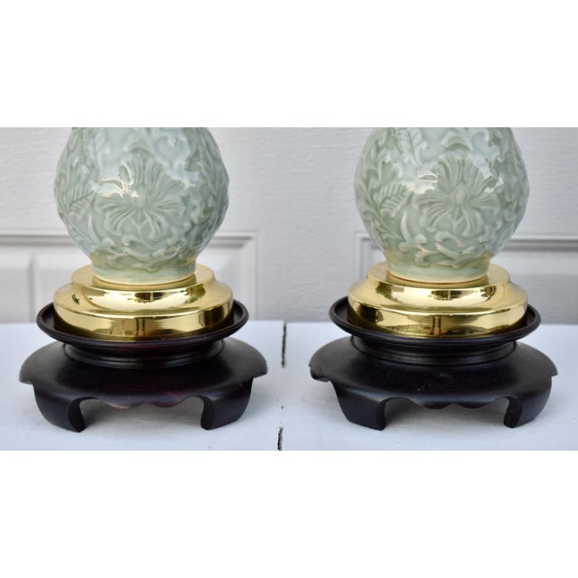Celadon Vintage Celadon Porcelain Table Lamps Pair Mid Century Chinese Vase Style For Sale - Image 8 of 16