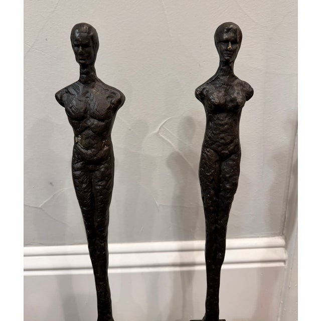 Late 20th Century Late 20th Century Pair of Giacometti Style Male & Female Figural Sculptures on Marble Bases For Sale - Image 5 of 17