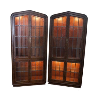 Henredon Oak & Glass Curio Cabinets - A Pair For Sale