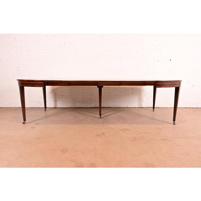 Baker Furniture Style Federal Inlaid Mahogany Extension Dining Table With Six Leaves, Newly Refinished For Sale - Image 11 of 16
