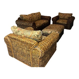1990s Ralph Lauren Rattan Loveseat, Two Chairs & Ottoman - Set of 4 For Sale